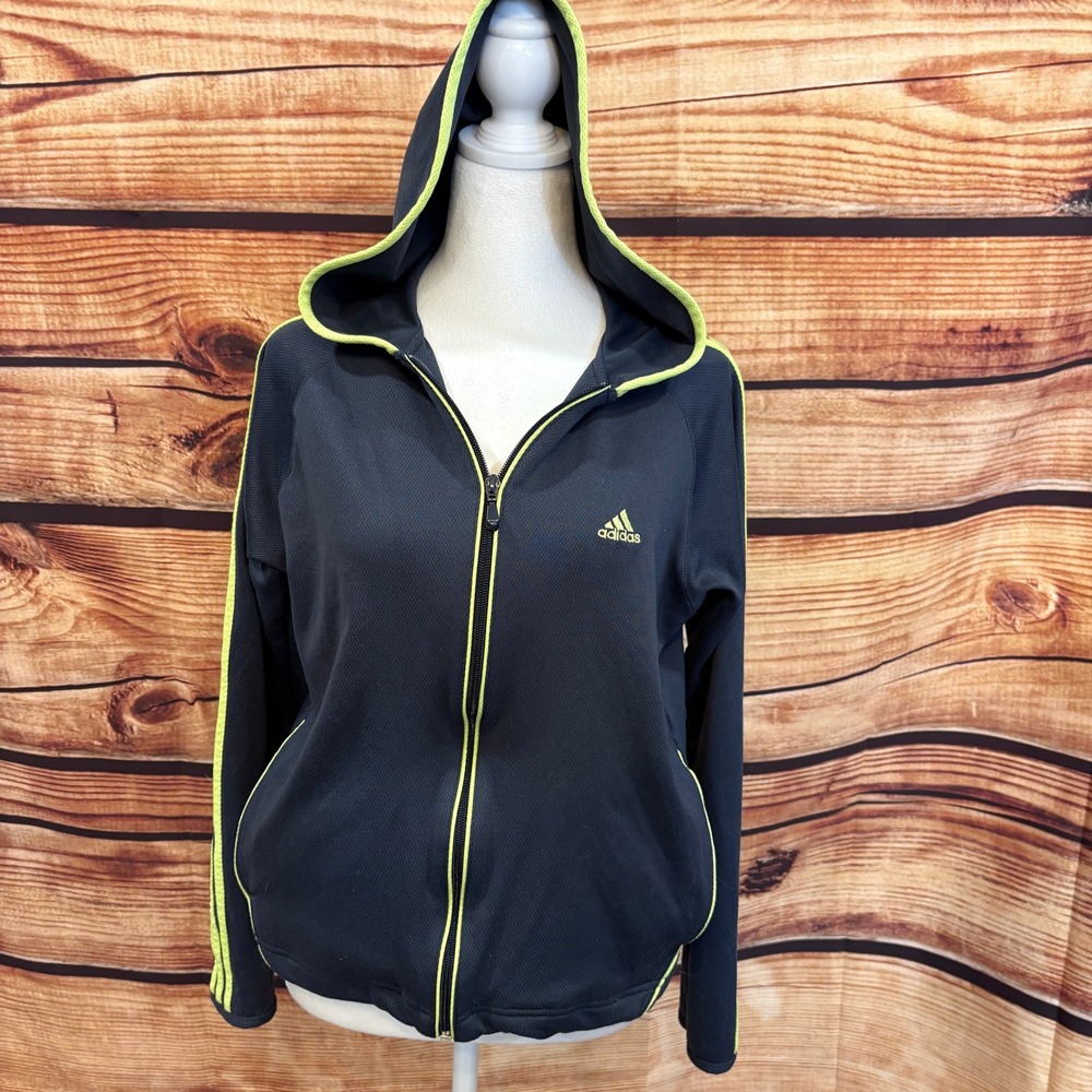 Adidas Womens Gray Lime Green Reflective Stripe Hooded Zip Front Jacket Size M